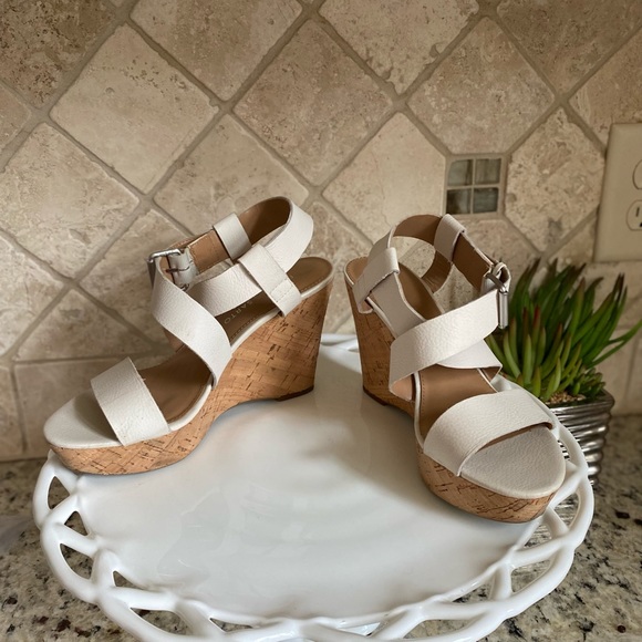 Franco Sarto Cream Neutral Leather Cork Wedge Sandals - Picture 13 of 13